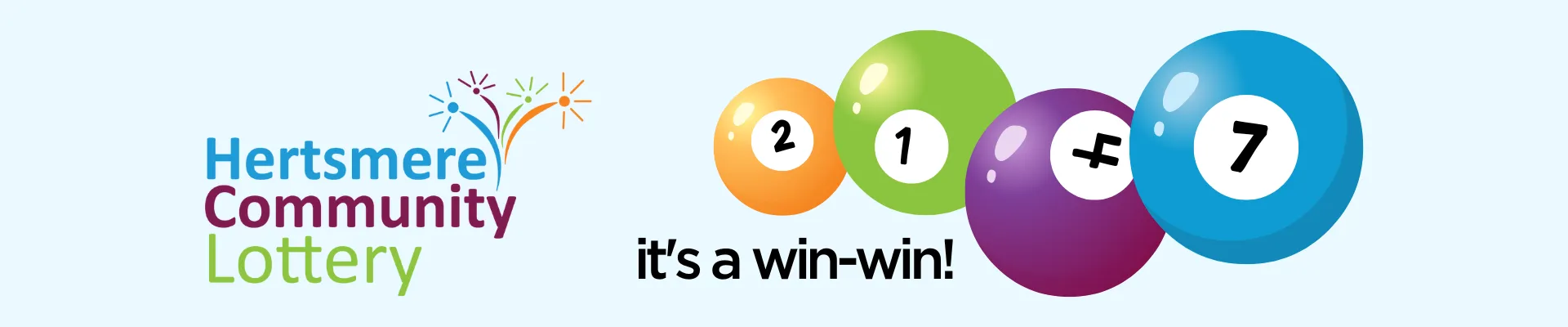 Hertsmere Community Lottery Logo with coloured balls displaying numbers.