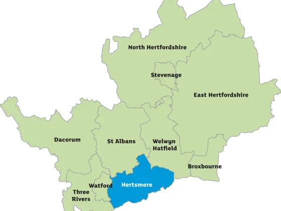 Map of Hertfordshire's boroughs and districts with Hertsmere highlighted in blue.
